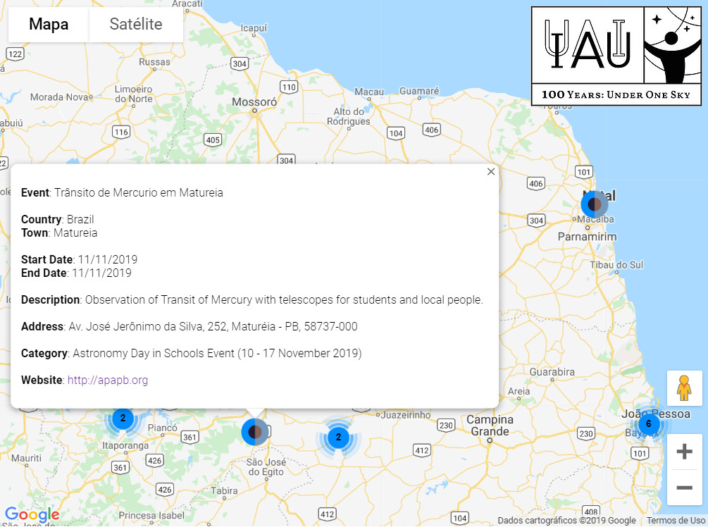 Mapa de eventos da IAU em 2019 incluindo as observações do Trânsito de Mercúrio na PB